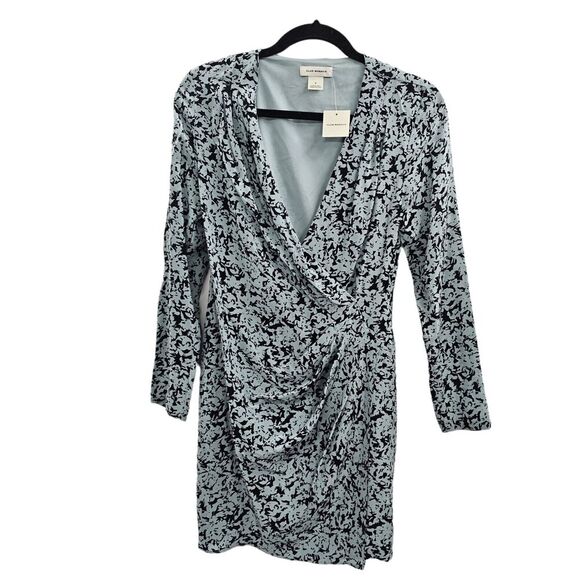 Club Monaco Wrap Dress Womens Size 2 Side Drape Mini Silk Black Blue Work Date - Picture 5 of 13